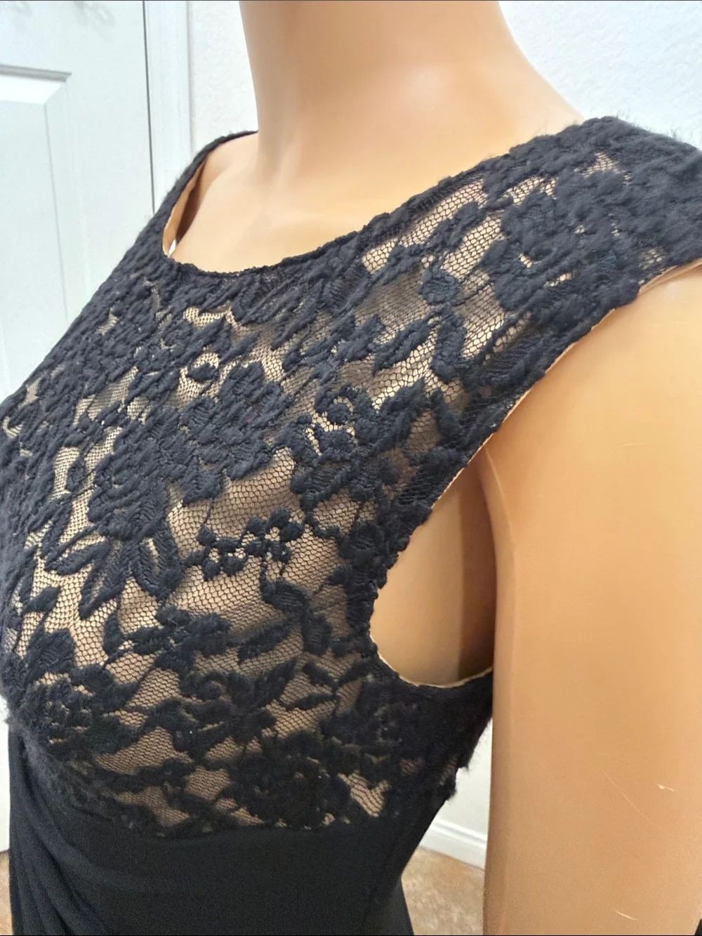 Connected Apparel Black Floral Lace Bodice Slimming Draped Waist Midi Dress Sz 6 - Picture 4 of 9